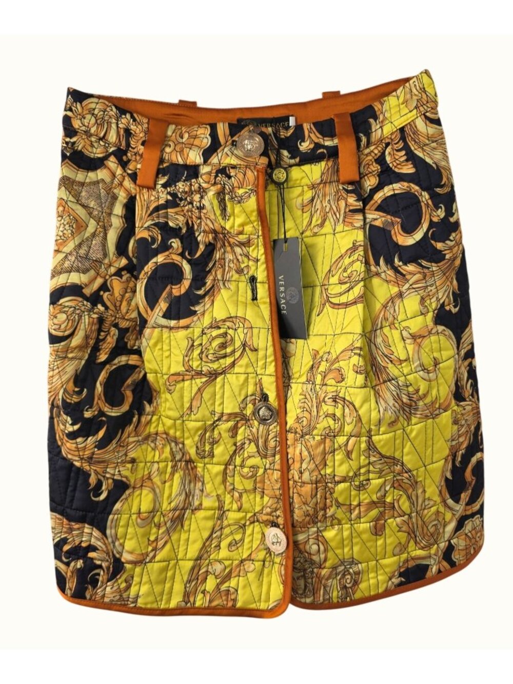 Versace Quilted Silk Satin Mini Skirt Sz M A-Line Pleated Button Front NWT